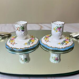 Crown Staffordshire Lyric Blue Single Candlestick Holder Set Bone China Ornate